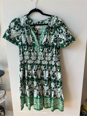 Anthro Somerset Green Floral V-Neck Tiered Mini Dress